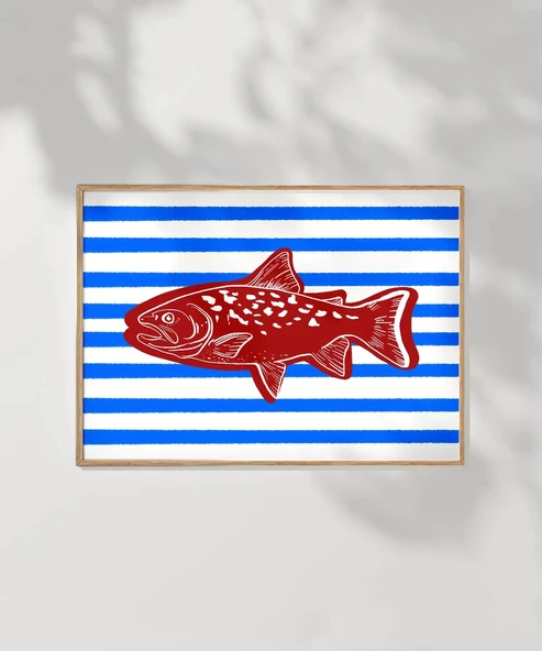 Çerçevesiz Poster Kırmızı Balık Mavi Çizgiler - Resim 6