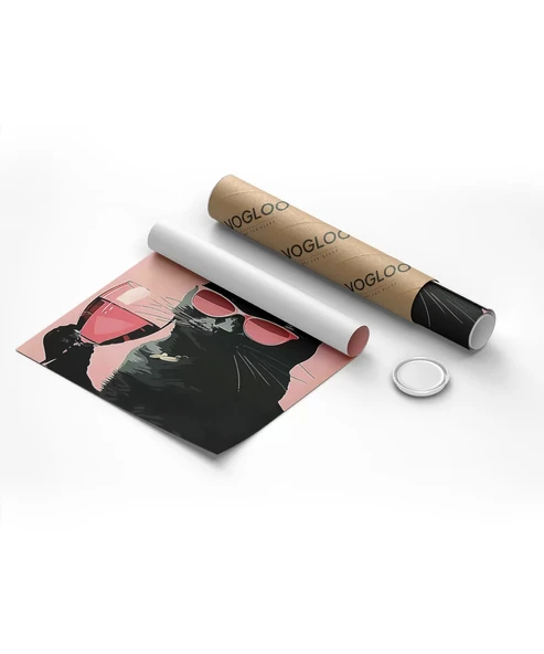 Çerçevesiz Poster Pembe Kadeh Siyah Kedi - Resim 8