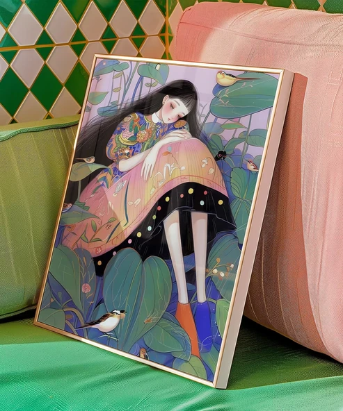 Çerçevesiz Poster Bitkiler ve Kuşlarla Süslenmiş - Resim 5