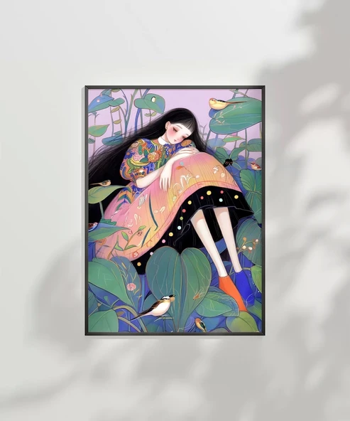 Çerçevesiz Poster Bitkiler ve Kuşlarla Süslenmiş - Resim 7