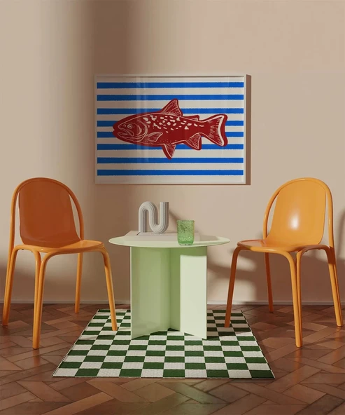 Çerçevesiz Poster Kırmızı Balık Mavi Çizgiler - Resim 3