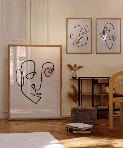 Çerçevesiz Poster Soyut Yüz Çizgileri ve Renk Detayları Triptik 3'lü - Resim 5