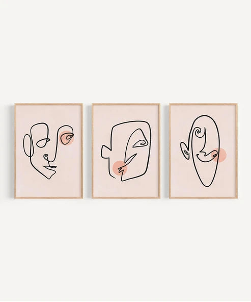 Çerçevesiz Poster Soyut Yüz Çizgileri ve Renk Detayları Triptik 3'lü - Resim 6
