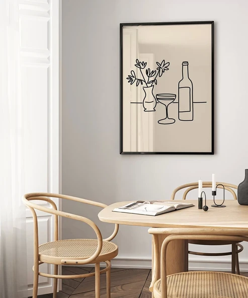 Çerçevesiz Poster Şarap Şişesi ve Çiçek Vazosu Line Art - Resim 5