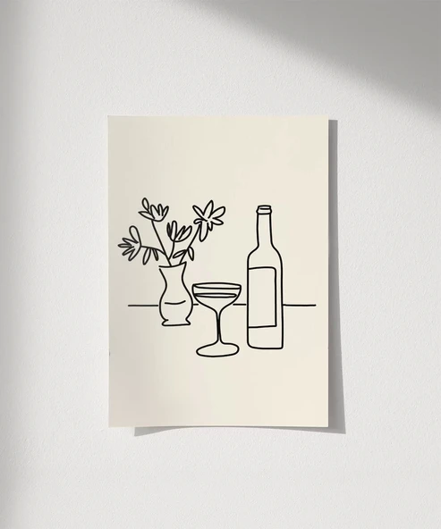 Çerçevesiz Poster Şarap Şişesi ve Çiçek Vazosu Line Art ürün görseli