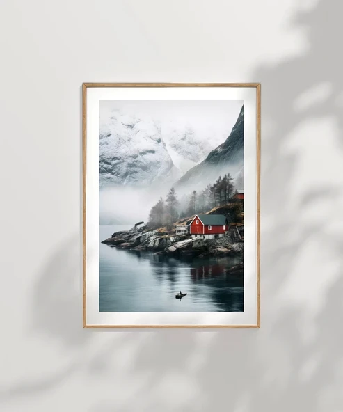 Çerçevesiz Poster Kırmızı Ev ve Sisli Dağlar - Resim 7