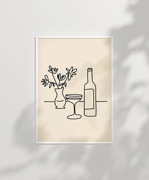 Çerçevesiz Poster Şarap Şişesi ve Çiçek Vazosu Line Art - Resim 2