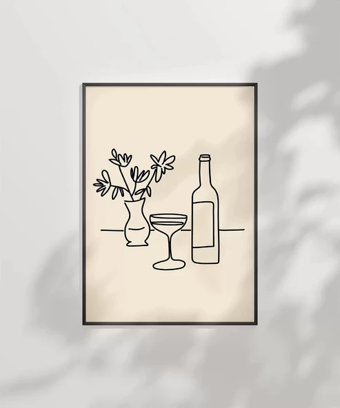 Çerçevesiz Poster Şarap Şişesi ve Çiçek Vazosu Line Art - Resim 7