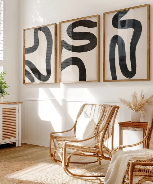 Çerçevesiz Poster Modern Monokrom Soyut 3'lü - 5