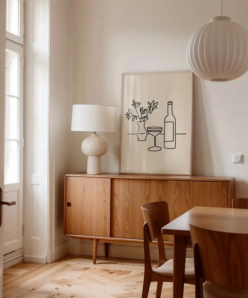 Çerçevesiz Poster Şarap Şişesi ve Çiçek Vazosu Line Art - Resim 4