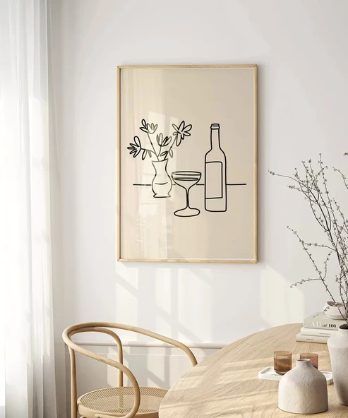 Çerçevesiz Poster Şarap Şişesi ve Çiçek Vazosu Line Art - Resim 6