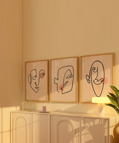 Çerçevesiz Poster Soyut Yüz Çizgileri ve Renk Detayları Triptik 3'lü - Resim 3