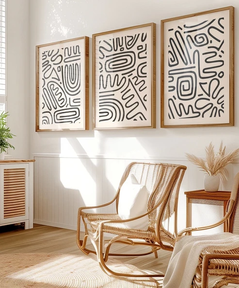 Çerçevesiz Poster Monokrom Soyut Desenler 3'lü - Resim 5