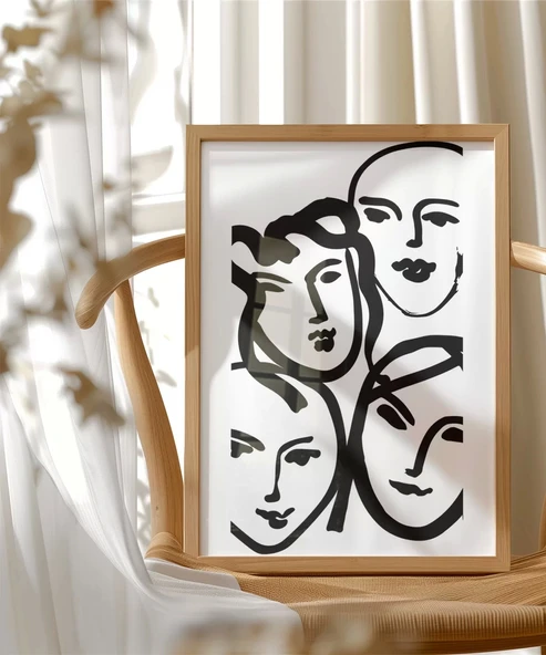 Çerçevesiz Poster Soyut Yüz Çizimleri Minimalist - Resim 3