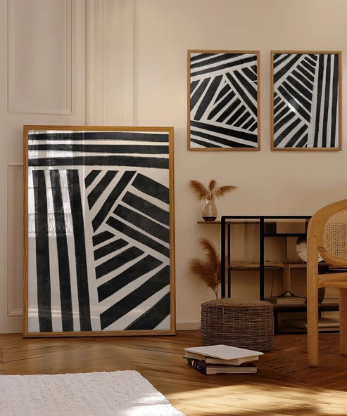 Çerçevesiz Poster Geometrik Siyah-Beyaz Çizgiler 3'lü - Resim 5