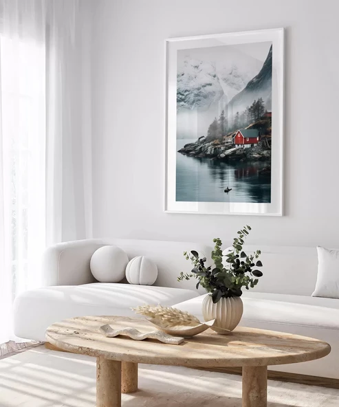 Çerçevesiz Poster Kırmızı Ev ve Sisli Dağlar - Resim 4