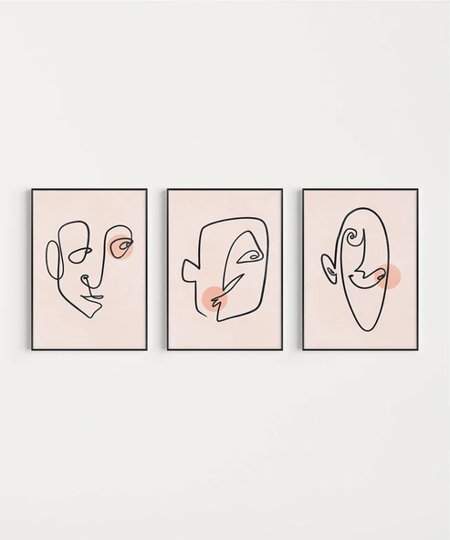 Çerçevesiz Poster Soyut Yüz Çizgileri ve Renk Detayları Triptik 3'lü - Resim 7