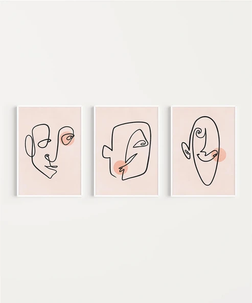 Çerçevesiz Poster Soyut Yüz Çizgileri ve Renk Detayları Triptik 3'lü - Resim 2