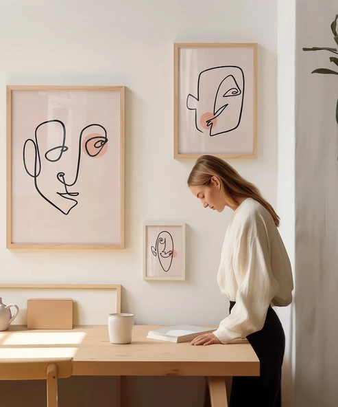 Çerçevesiz Poster Soyut Yüz Çizgileri ve Renk Detayları Triptik 3'lü - Resim 4