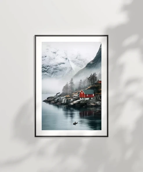 Çerçevesiz Poster Kırmızı Ev ve Sisli Dağlar - Resim 6