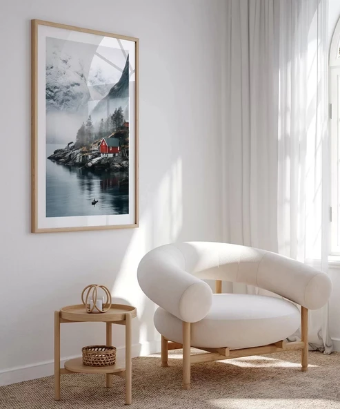 Çerçevesiz Poster Kırmızı Ev ve Sisli Dağlar - Resim 5