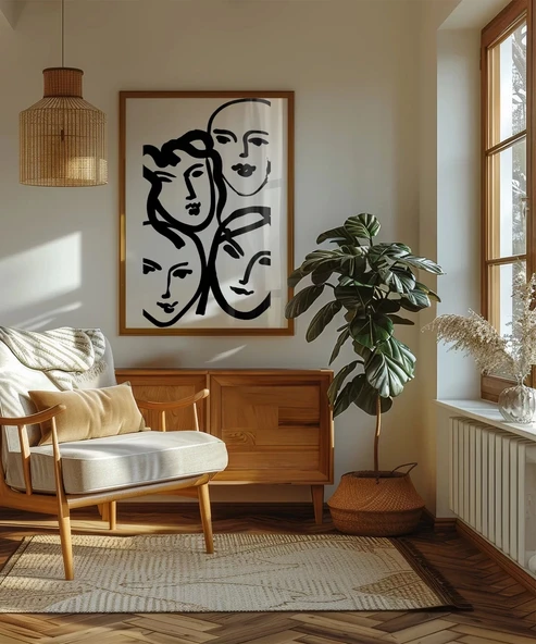 Çerçevesiz Poster Soyut Yüz Çizimleri Minimalist - Resim 4