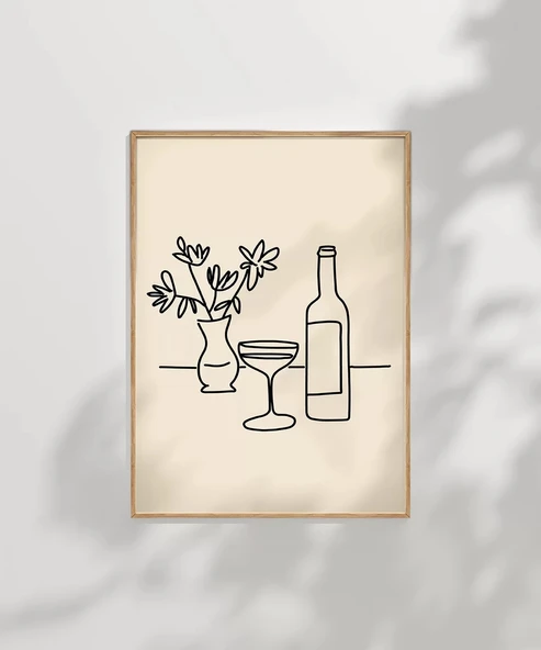 Çerçevesiz Poster Şarap Şişesi ve Çiçek Vazosu Line Art - Resim 8