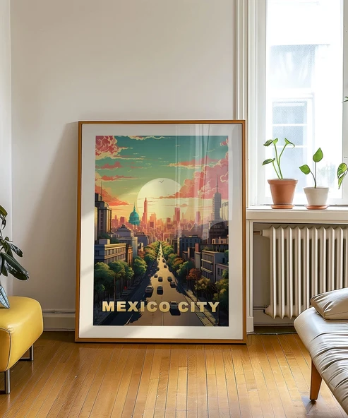 Çerçevesiz Poster Mexico City Gün Batımı ve Şehir Silüeti - Resim 5