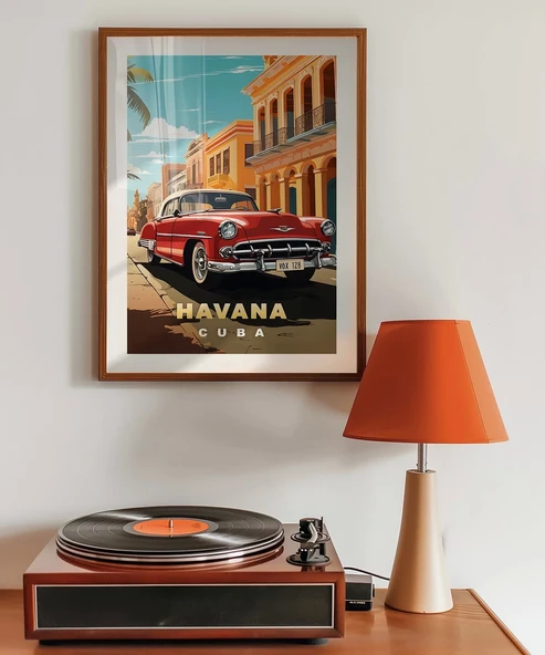 Çerçevesiz Poster Havana Sokaklarında Klasik Bir Araba - Resim 3