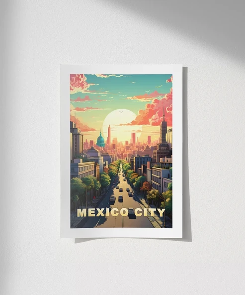 Çerçevesiz Poster Mexico City Gün Batımı ve Şehir Silüeti ürün görseli