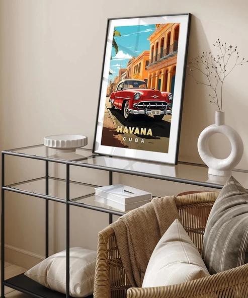 Çerçevesiz Poster Havana Sokaklarında Klasik Bir Araba - Resim 5