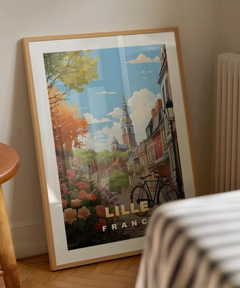 Çerçevesiz Poster Lille Sokakları ve Bisiklet Manzarası - Resim 3