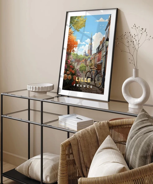 Çerçevesiz Poster Lille Sokakları ve Bisiklet Manzarası - Resim 4