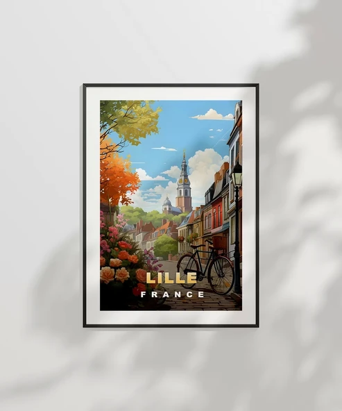 Çerçevesiz Poster Lille Sokakları ve Bisiklet Manzarası - Resim 6