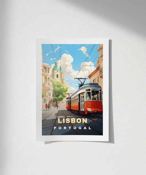 Çerçevesiz Poster Lizbon Tramvayı ve Şehir Manzarası ürün görseli