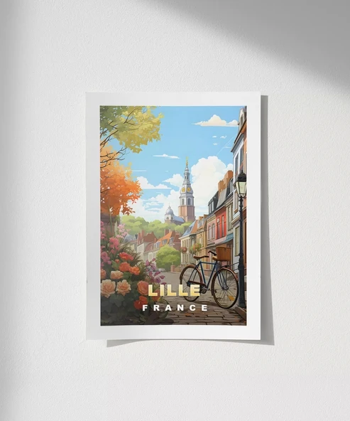 Çerçevesiz Poster Lille Sokakları ve Bisiklet Manzarası ürün görseli