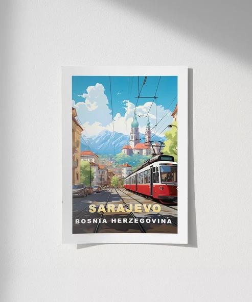 Çerçevesiz Poster Dağların Gölgesinde Sarajevo Şehir Manzarası ürün görseli