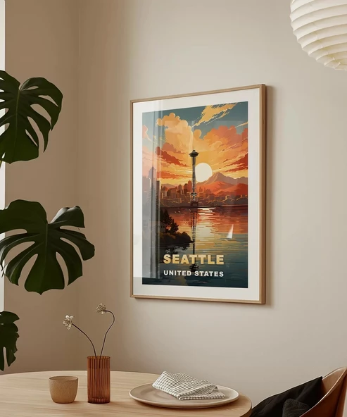 Çerçevesiz Poster Space Needle ile Gün Batımı - Resim 3