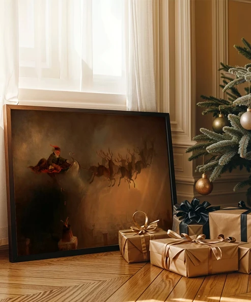 Çerçevesiz Poster Uçan Kızak ve Ren Geyikleri ürün görseli