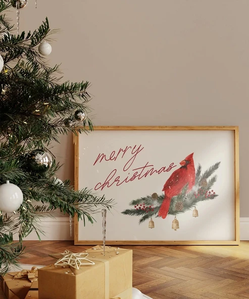 Çerçevesiz Poster Kırmızı Kardinal ve Yılbaşı Neşesi ürün görseli