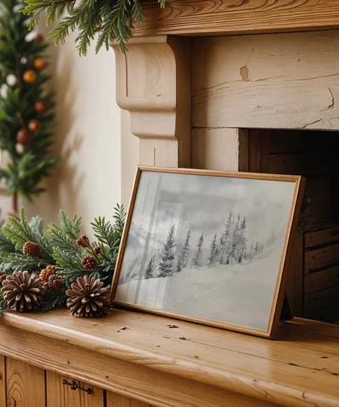 Çerçevesiz Poster Çam Ağaçlarıyla Kar Dağları ürün görseli