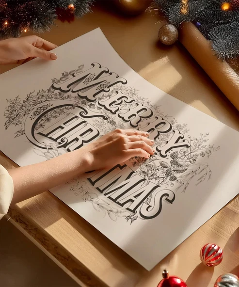 Çerçevesiz Poster Merry Christmas Vintage Tipografi - Resim 2