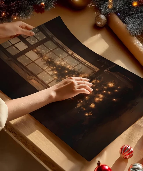 Çerçevesiz Poster Pencereden Yansıyan Noel Işıkları - Resim 3