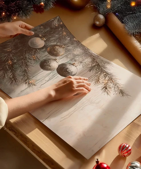 Çerçevesiz Poster Işıklarla Süslenmiş Çamlar - Resim 2