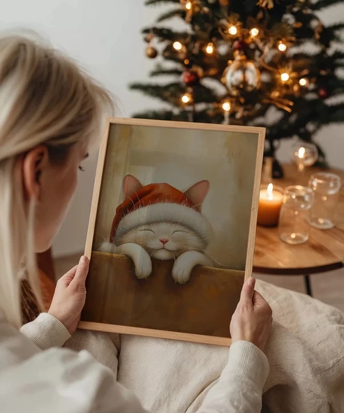 Çerçevesiz Poster Noel Şapkasıyla Mutlu Kedi - Resim 3