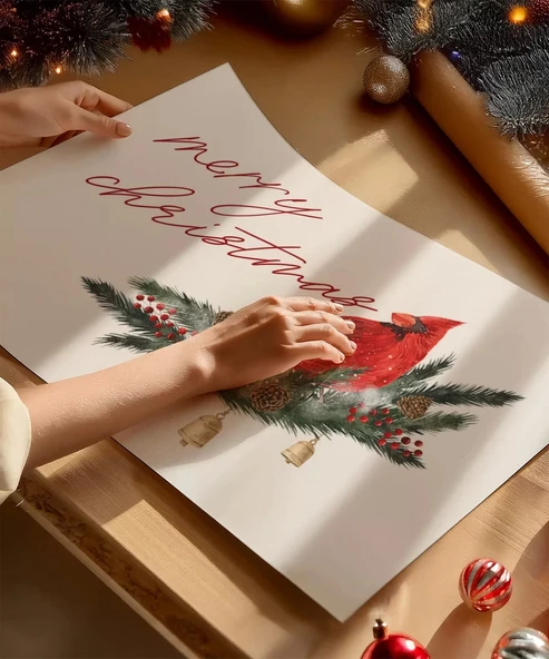 Çerçevesiz Poster Kırmızı Kardinal ve Yılbaşı Neşesi - Resim 2