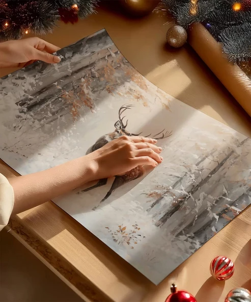 Çerçevesiz Poster Beyaz Ormanda Geyik - Resim 2