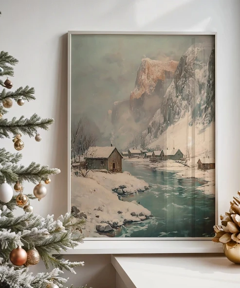 Çerçevesiz Poster Nehir Kenarında Dağ Evi ürün görseli