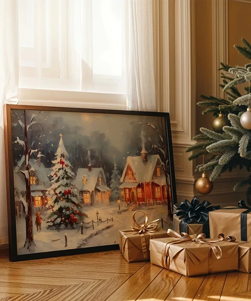 Çerçevesiz Poster Karlar Altında Noel Köyü ürün görseli