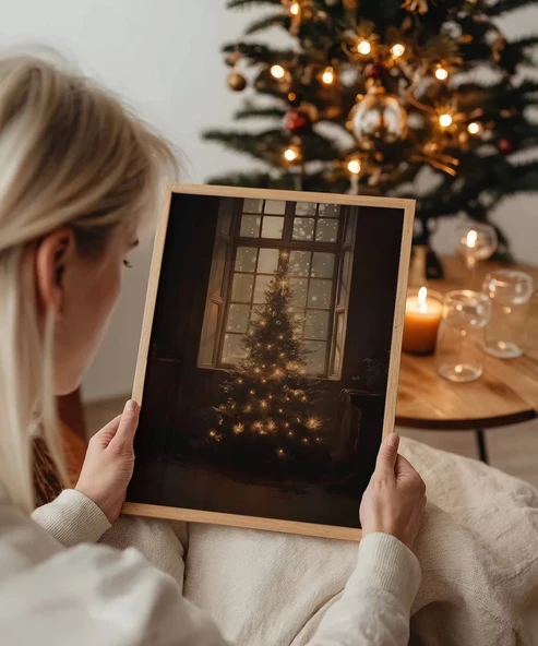 Çerçevesiz Poster Pencereden Yansıyan Noel Işıkları ürün görseli